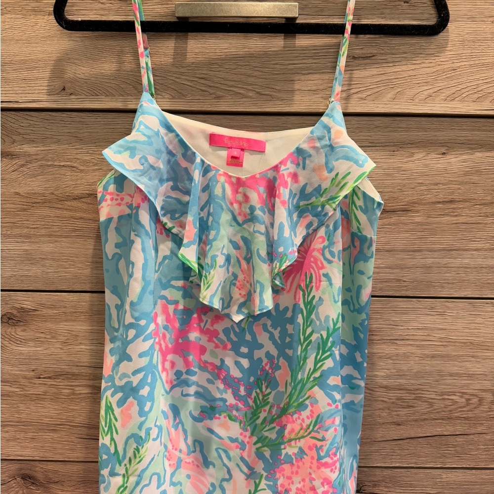 Coral ruffle tank in Blue and Pink